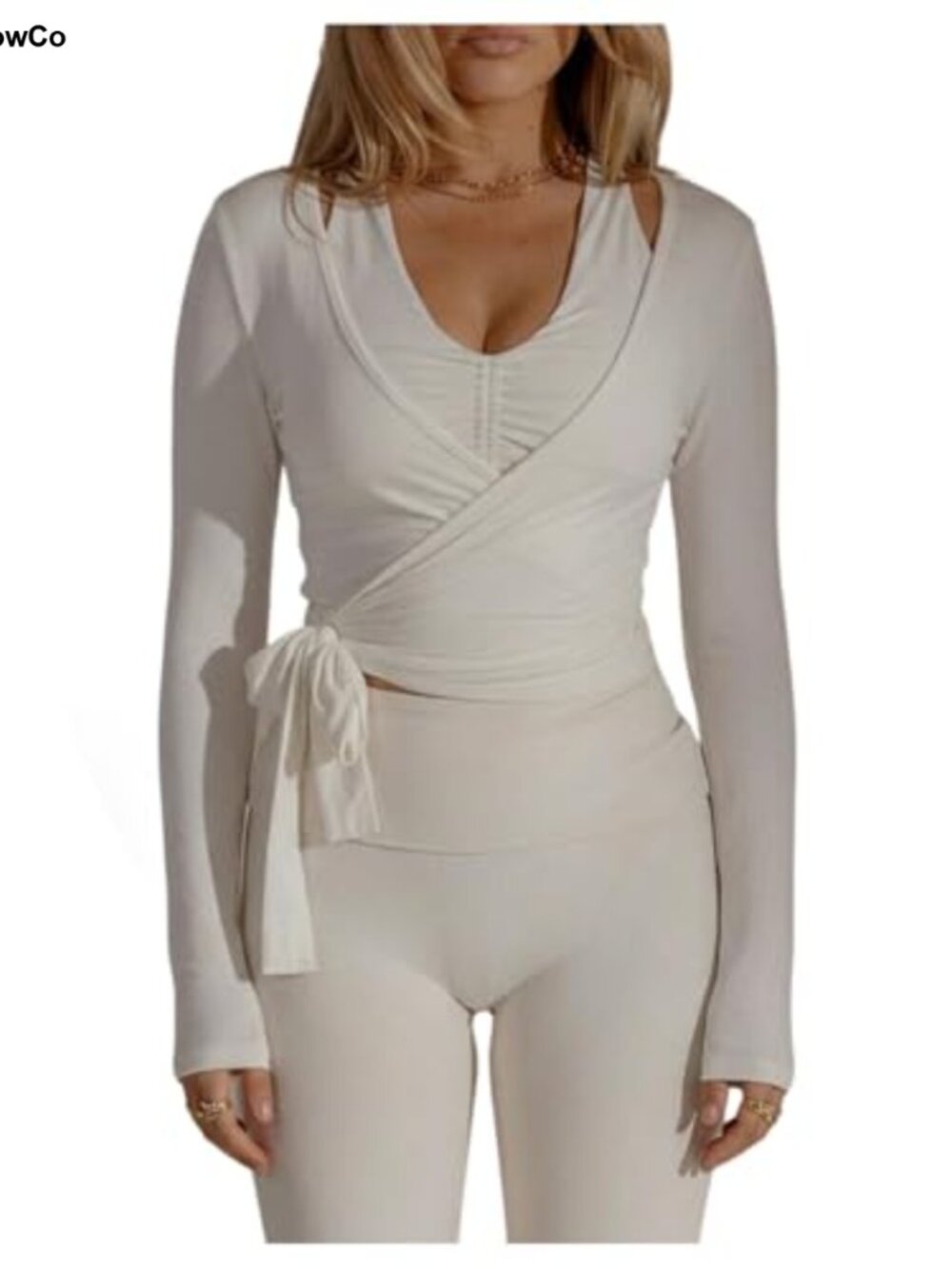 Women's Long Sleeve Wrap Crop Top Tie Front V Neck Yoga Pilates Barre